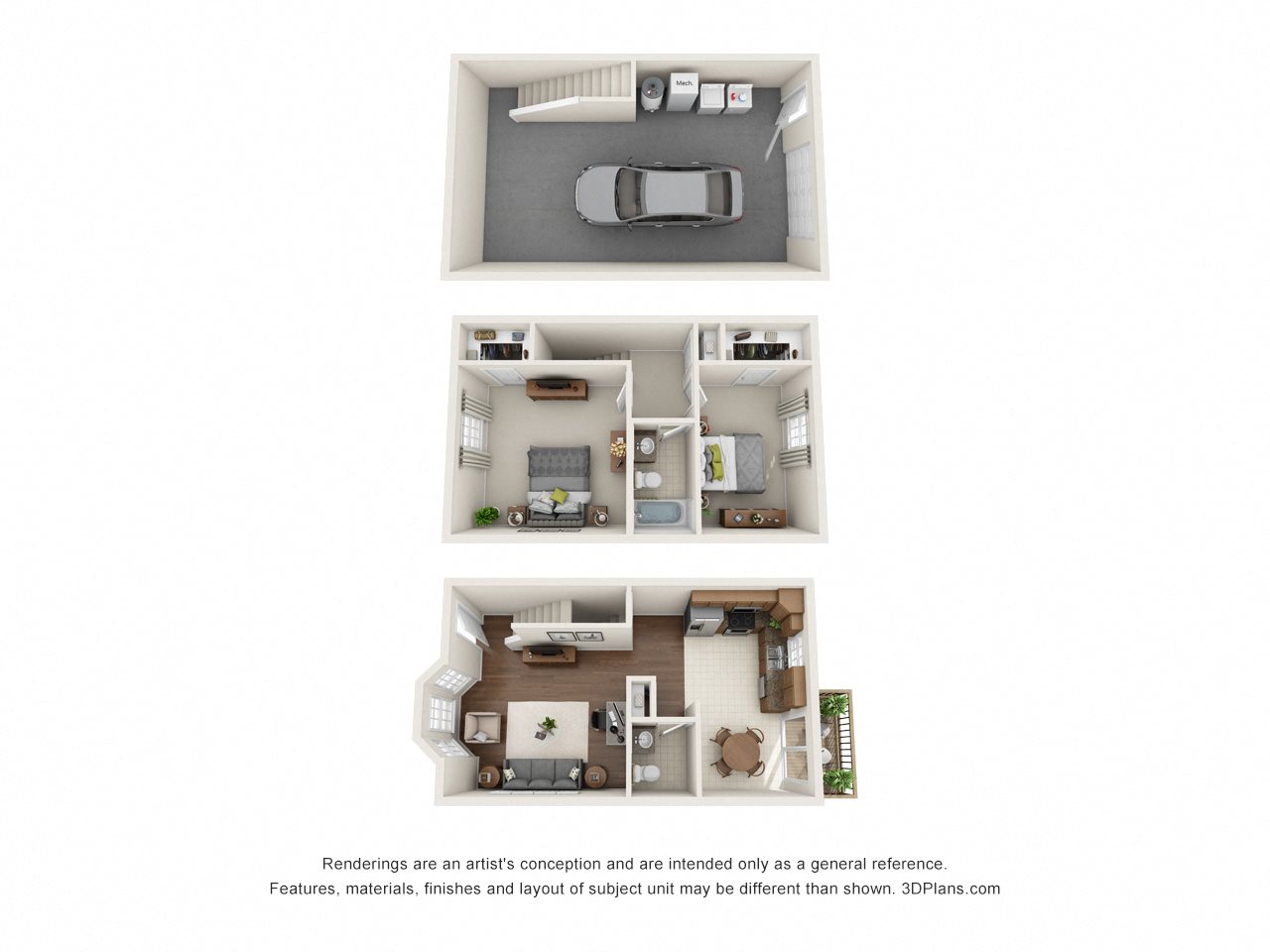3 dimensional floorplan view of 2 bedroom apartment 2 bedroom floorplan with garage